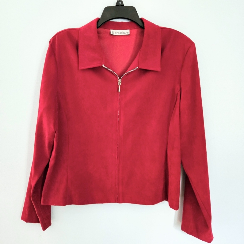 Dress Barn Scarlet Red Blazer Silver Zipper Front Faux Suede Collared Jacket XL